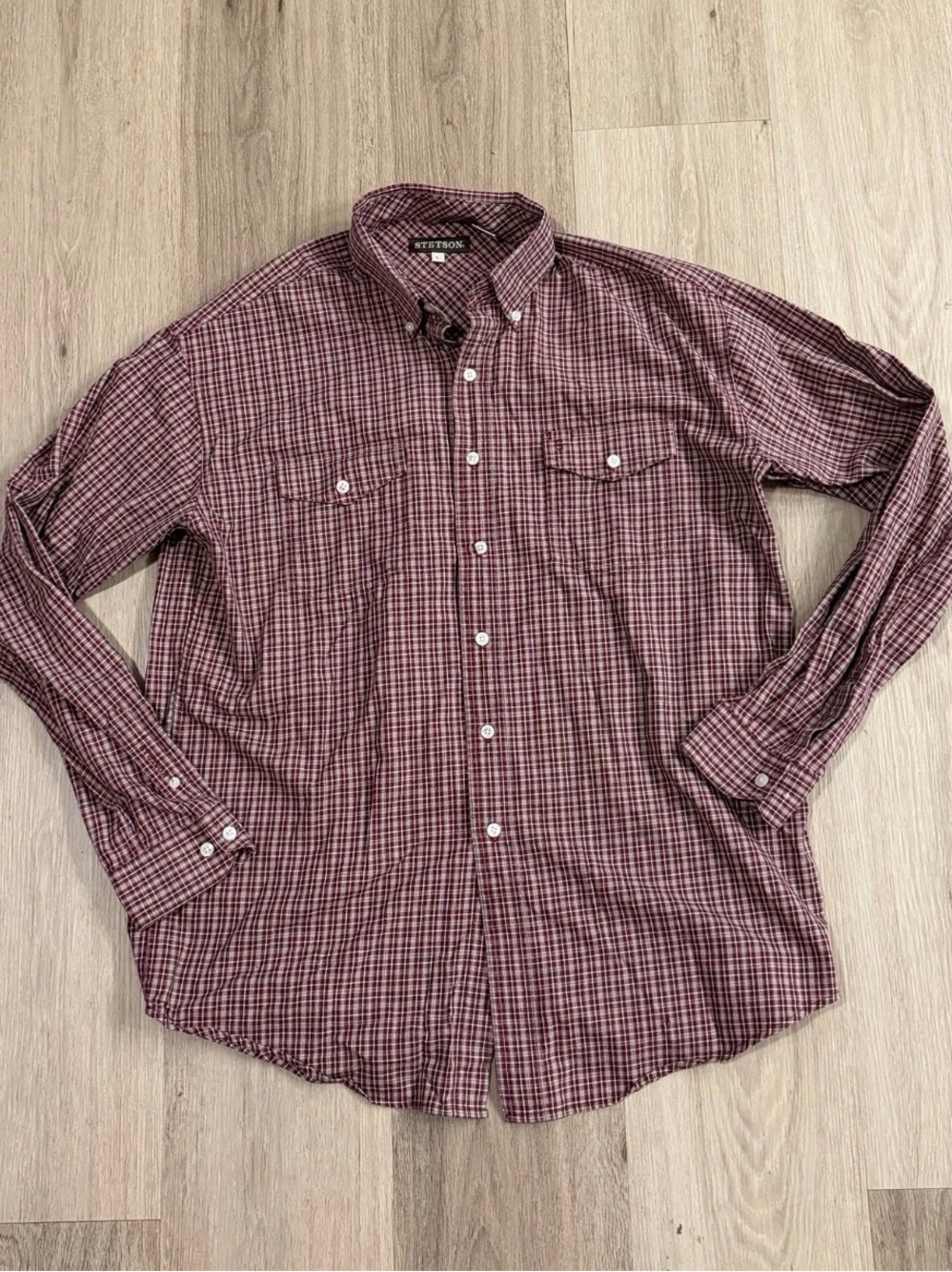 Stetson Men's Maroon Plaid Long Sleeve Button-Down Shirt size Large Western
